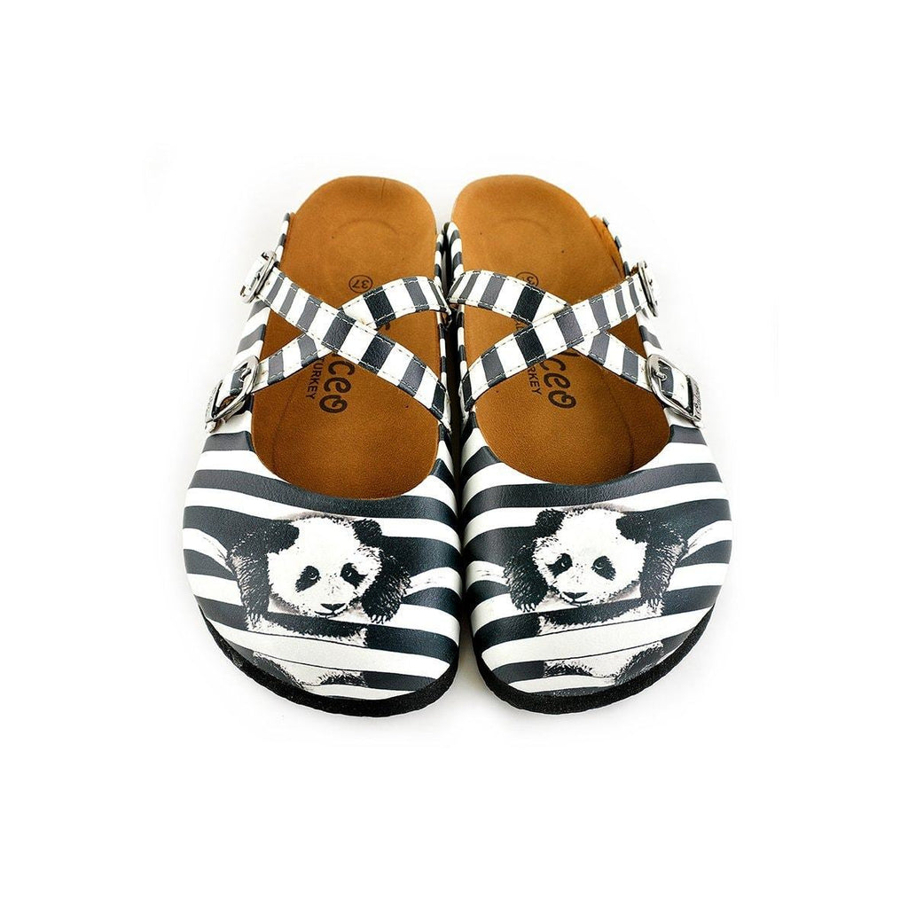 Black and White Straight Striped and Navy Blue, White Stars and Rabbit, Black Hat Patterned Clogs - WCAL143