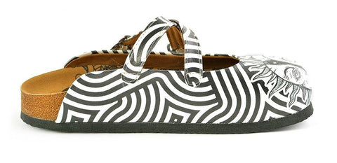 Black and White Wavy Straight Striped, Black Sun Crisscross Patterned Clogs - WCAL145