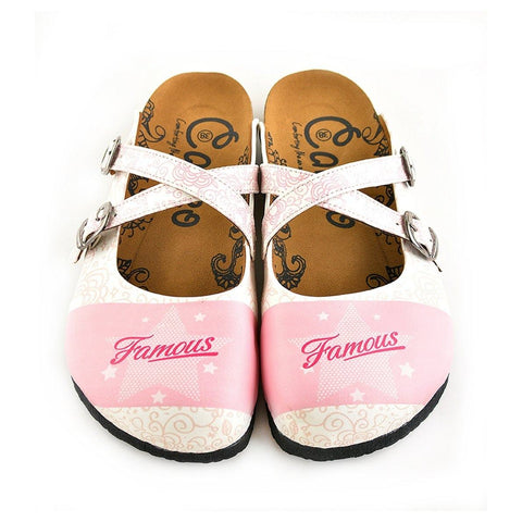 White and Pink Colured Flowers and Famous Written Patterned Clogs - WCAL151