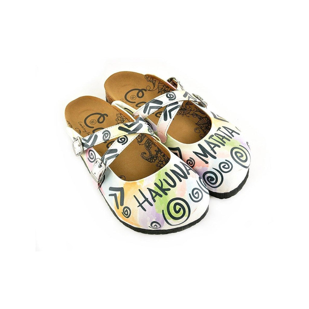 Colorful Leafed and Black Triangular Strip and Round Patterned, Hakuna Matata Written Patterned Clogs - WCAL152
