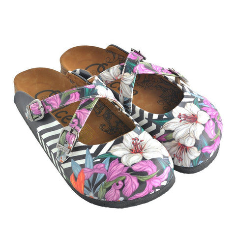 Black and White Straight Striped and Colorful Flowers Patterned Clogs - WCAL153
