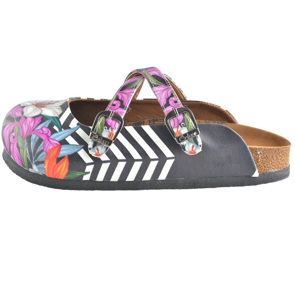 Black and White Straight Striped and Colorful Flowers Patterned Clogs - WCAL153
