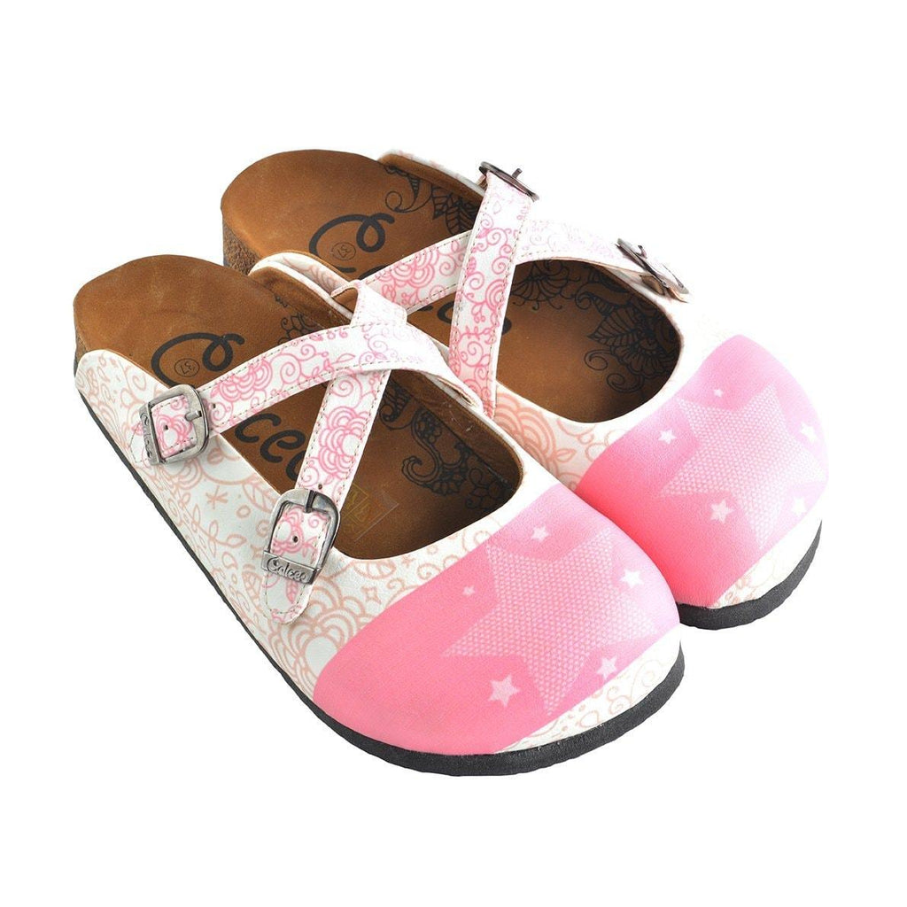 White and Pink Flowers, Pink Stars Patterned Clogs - WCAL154