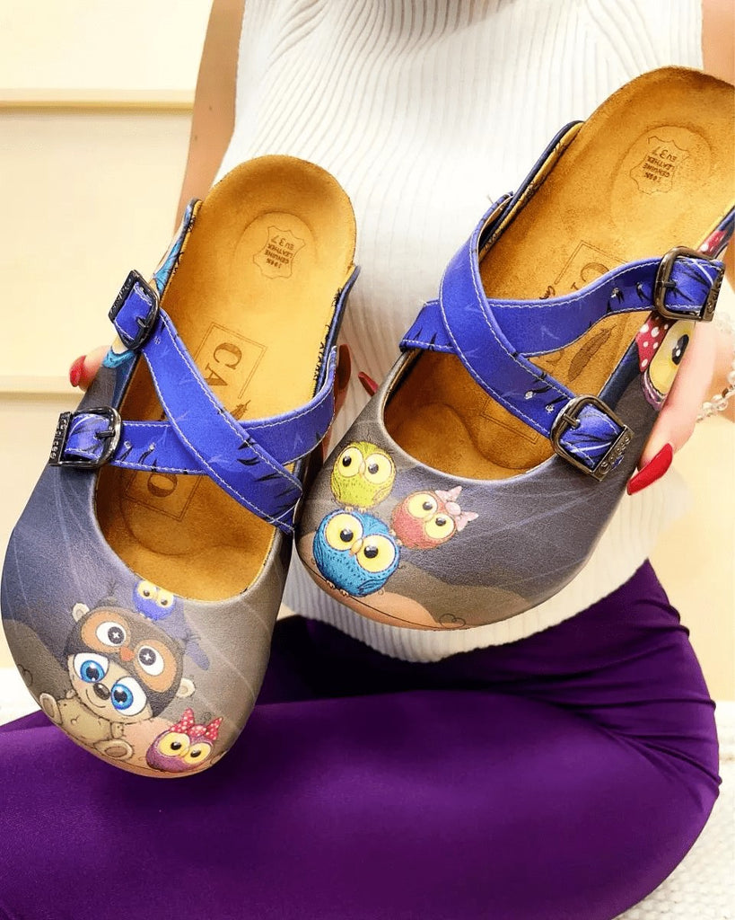 Navy Blue and Purple Colored, Cute Bear and Owl Patterned Clogs - WCAL155