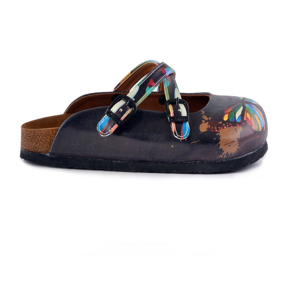 Black and Rainbow Colored, Butterfly Patterned Clogs - WCAL158