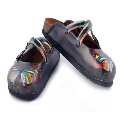 Black and Rainbow Colored, Butterfly Patterned Clogs - WCAL158