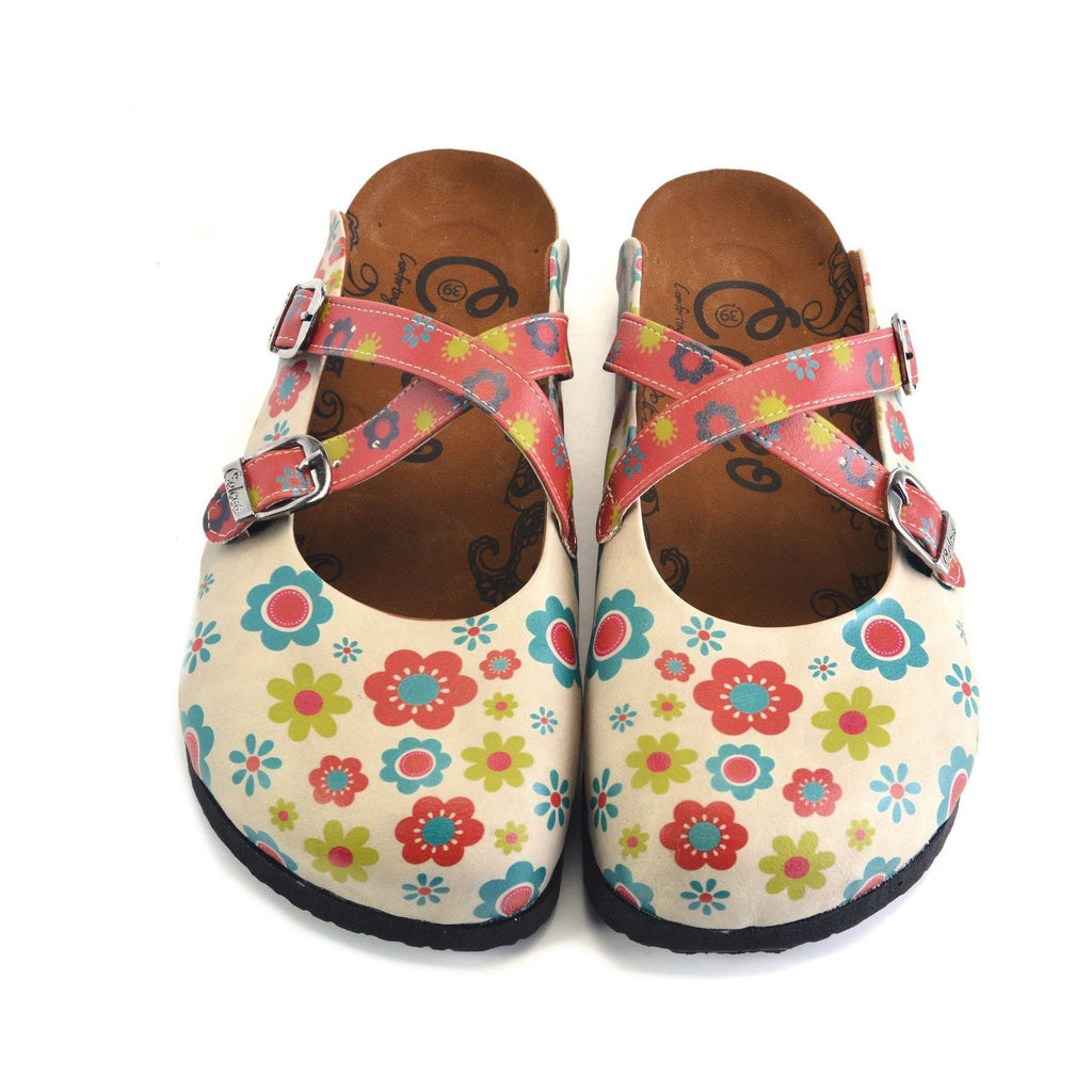 Red, Blue, Beige, Yellow Flowers Patterned Clogs - CAL161