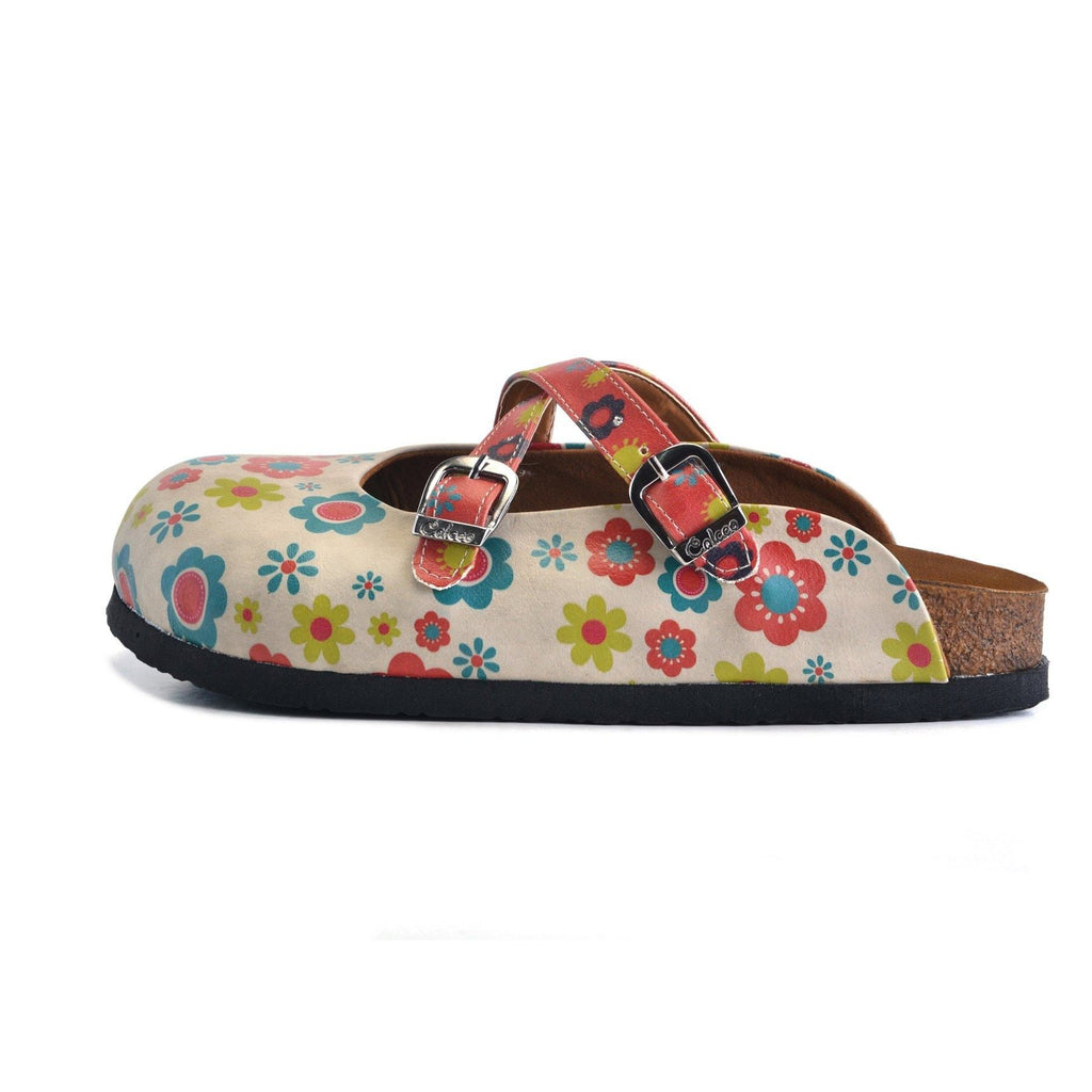 Red, Blue, Beige, Yellow Flowers Patterned Clogs - CAL161