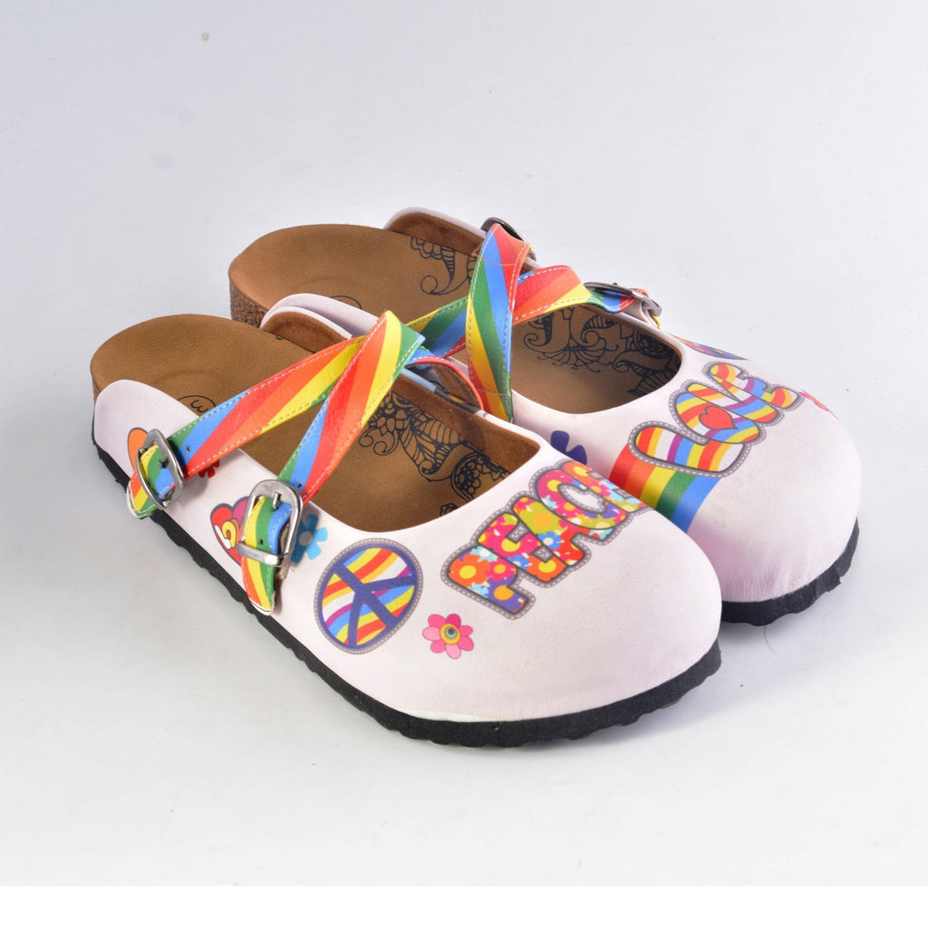 Rainbow Patterned, Peace Love Written Patterned Clogs - WCAL162