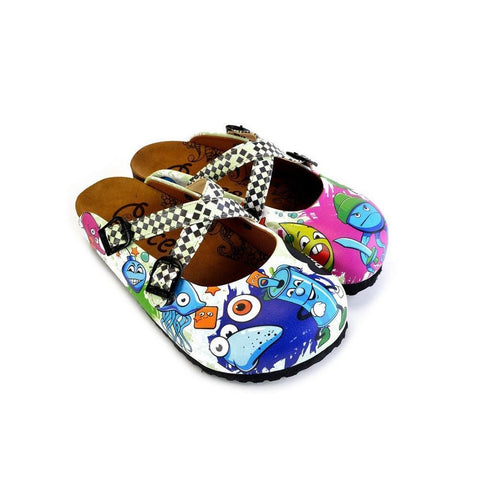 Black and White Squareds and Anime Character Patterned Clogs - WCAL173