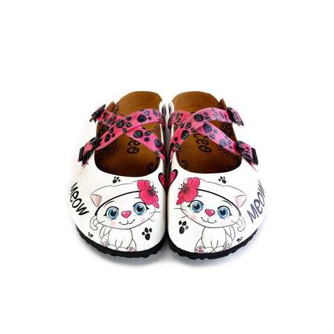 Pink and Black Paw Patterned, White and Pink Cute Cat Patterned Clogs - WCAL174