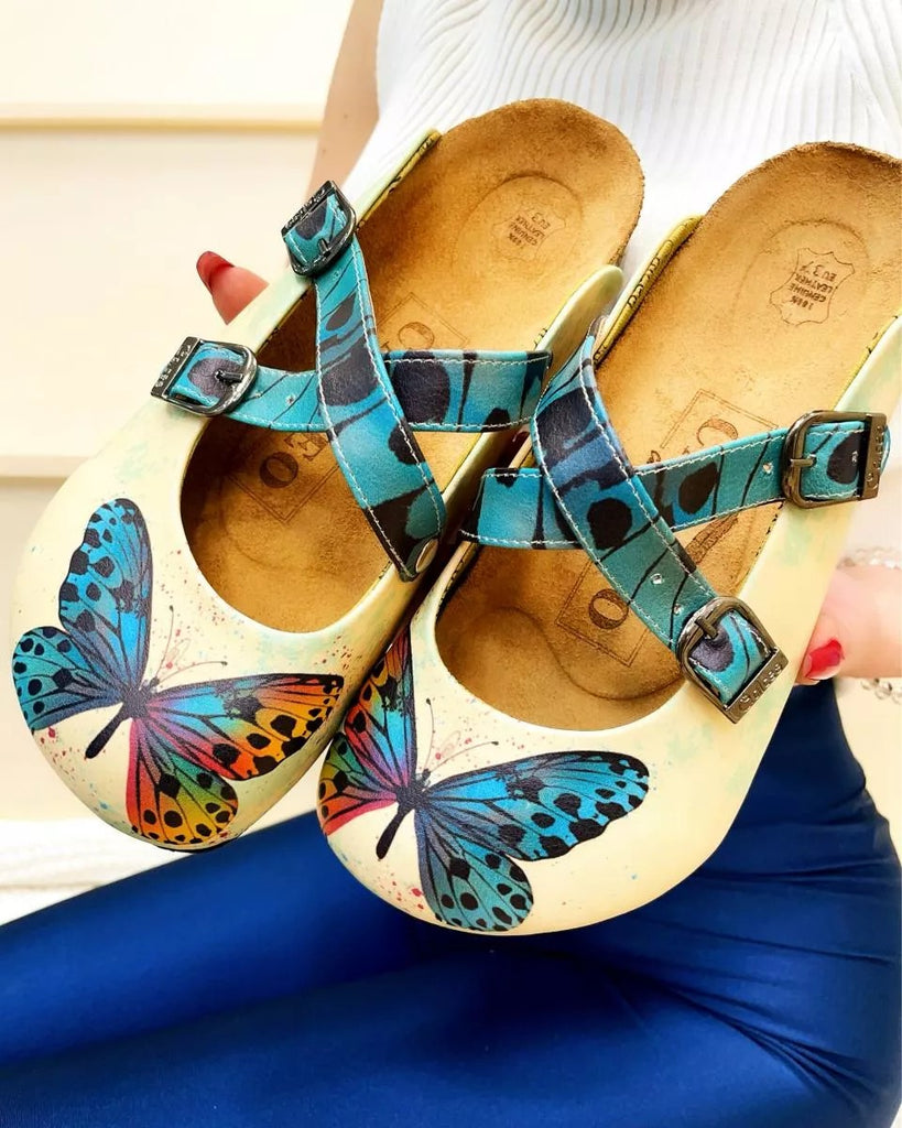 Yellow and Blue Colored Butterfly Patterned Clogs - WCAL178