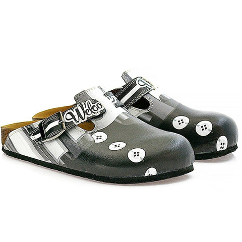 Black, Grey, White Straight Striped, Black Button Patterned Clogs - WCAL327