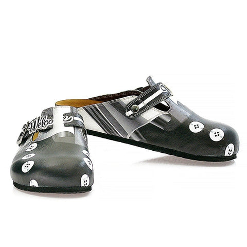 Black, Grey, White Straight Striped, Black Button Patterned Clogs - WCAL327