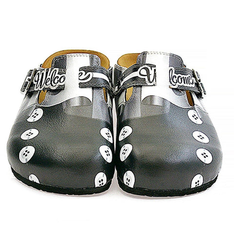 Black, Grey, White Straight Striped, Black Button Patterned Clogs - WCAL327