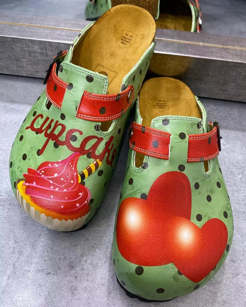 Light Blue and Black Polkadot Patterned, Sweet Cupcake and Red Heart Patterned Clogs - WCAL331