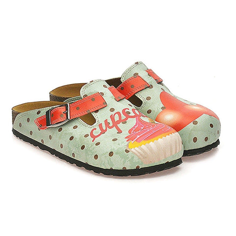 Light Blue and Black Polkadot Patterned, Sweet Cupcake and Red Heart Patterned Clogs - WCAL331
