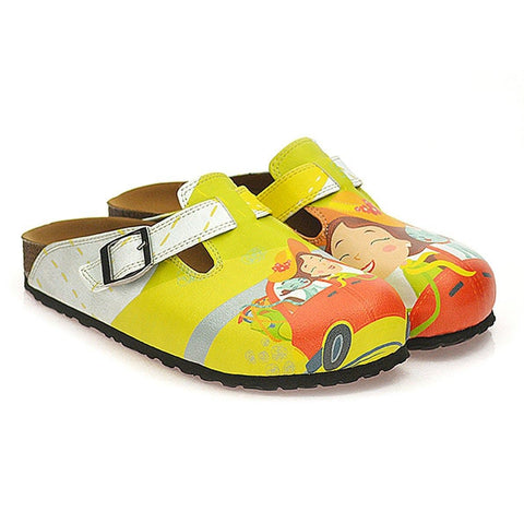 White and Yellow Colored, Cat in the Car and Happy Girl Patterned Clogs - WCAL332