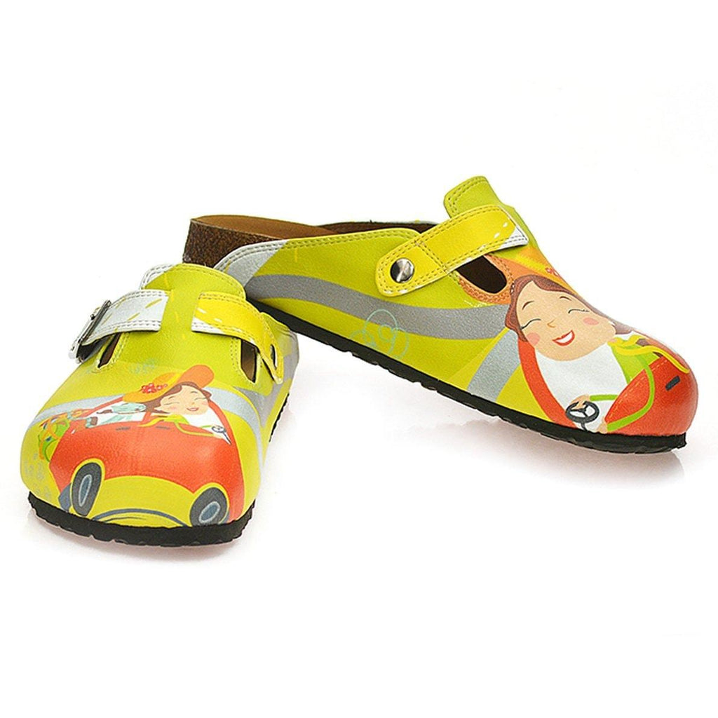 White and Yellow Colored, Cat in the Car and Happy Girl Patterned Clogs - WCAL332