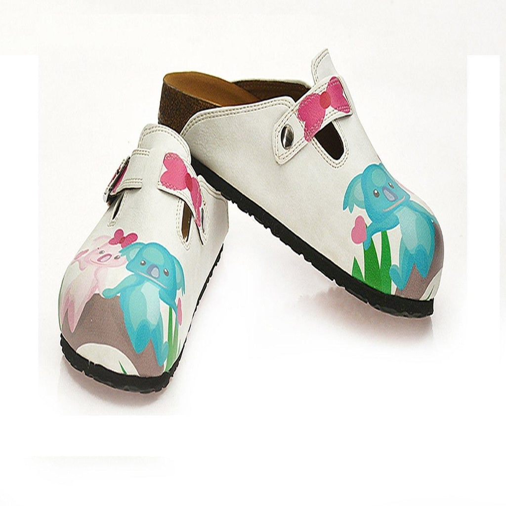 White and Pink Bow Pattern, White, Pink, Blue Colored Koala Patterned Clogs - WCAL333
