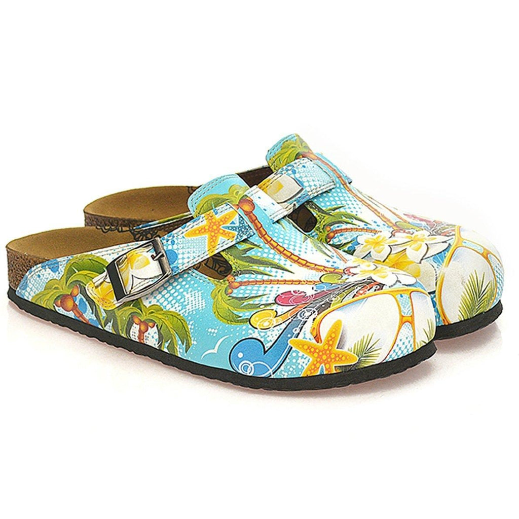 Blue and White Roun Patterned, Tropical Leaf and Flowers Patterned Clogs - WCAL337