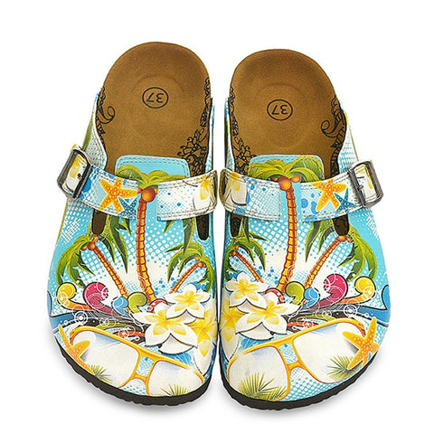 Blue and White Roun Patterned, Tropical Leaf and Flowers Patterned Clogs - WCAL337