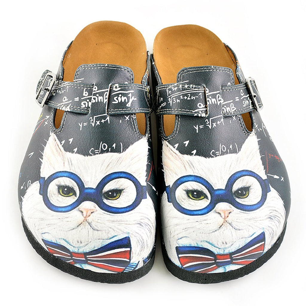 Grey Colored and White Glasses Cat Patterned Clogs - WCAL343