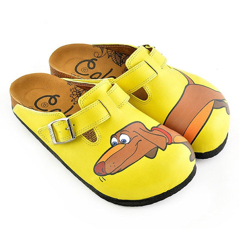 Yellow Colored and Brown Dachshund Dog Patterned Clogs - WCAL346