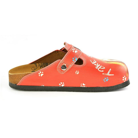 Red and White Colored Paw Pattern and Take Suppers Written, Brown Dog Patterned Clogs - WCAL349