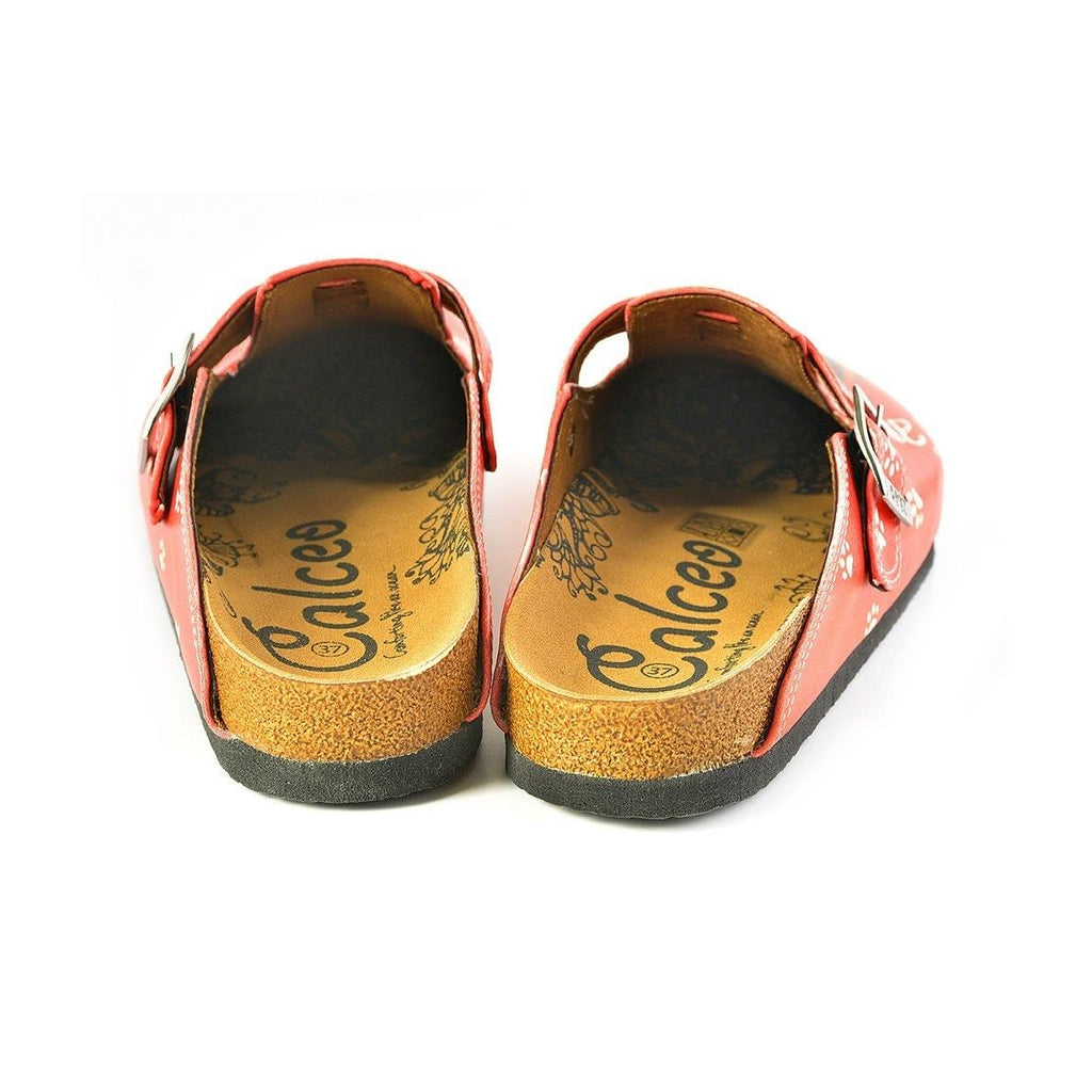 Red and White Colored Paw Pattern and Take Suppers Written, Brown Dog Patterned Clogs - WCAL349