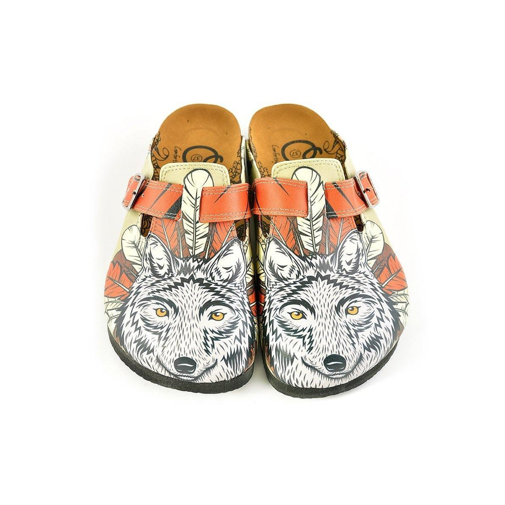 Red Colored and White, Black Feathers and Fox Patterned Clogs - WCAL350
