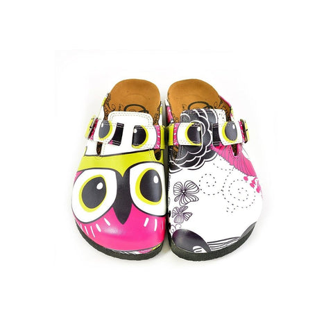 Black and White Flowers Patterned, Yellow, Purple Colored Owl Patterned Clogs - WCAL351