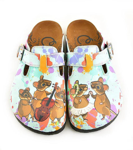 Colored Watercolor Patterned and Brown Dancing Cute Mouse Patterned Clogs - WCAL353