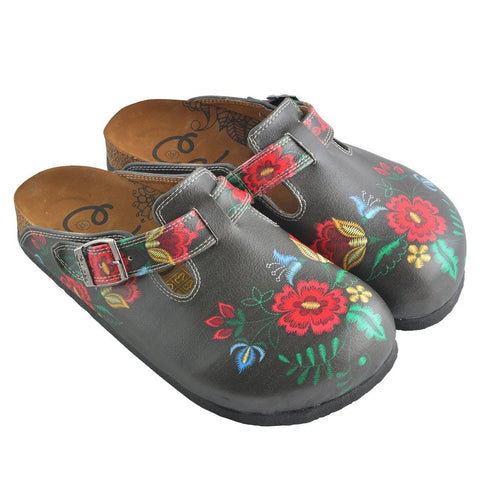 Red, Grey, Yellow Colored Flowers Patterned Clogs - WCAL355