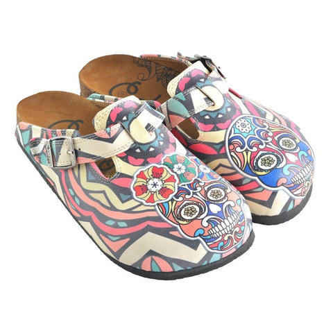 Colored Moving, Mixed Striped Pattern and Pink Flowers Dry Skull Patterned Clogs - WCAL356