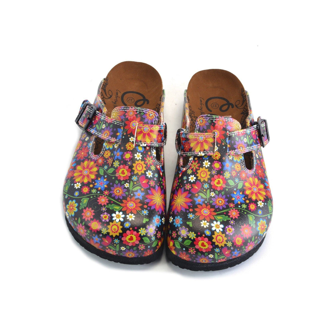 Black and Colored Flowers Patterned Clogs - WCAL357