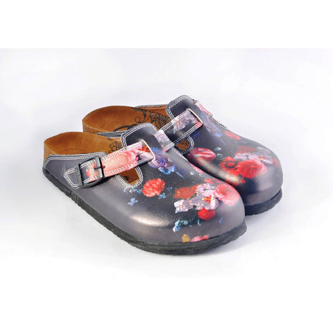 Black and White, Red Colored Flowered Patterned Clogs - WCAL358