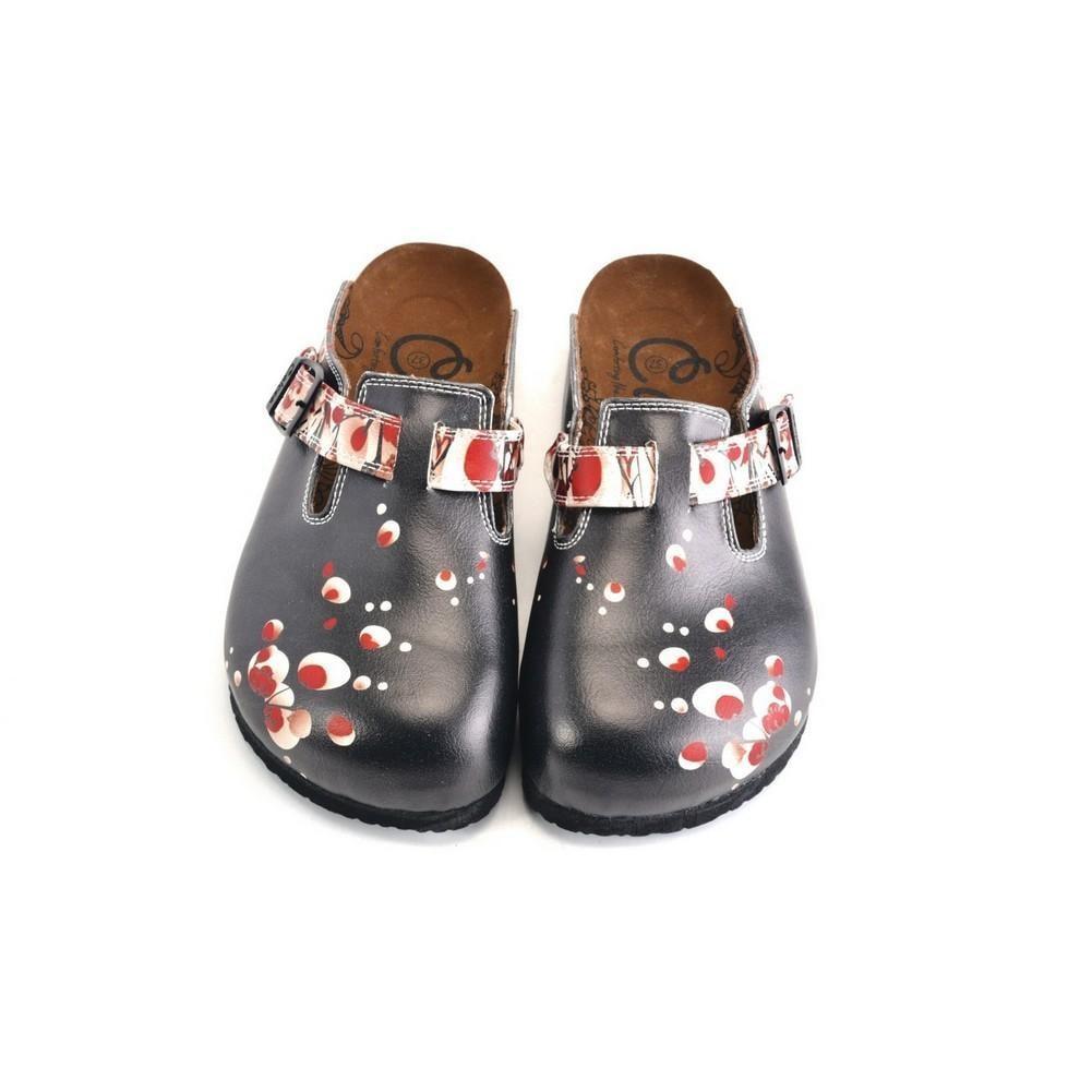 Black and White, Red Flowers Patterned Clogs - WCAL359