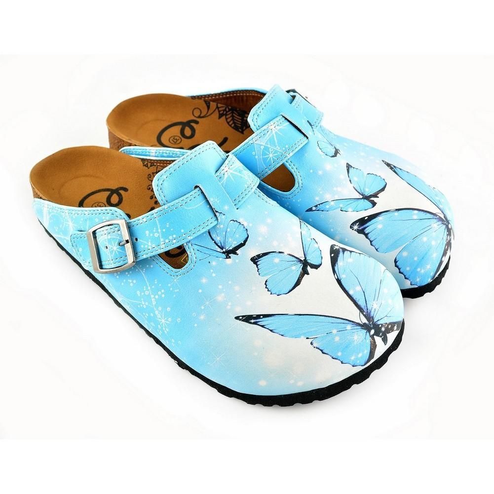 Bright Blue Sky and Black Butterflied Patterned Clogs - WCAL361