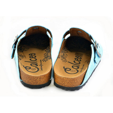 Bright Blue Sky and Black Butterflied Patterned Clogs - WCAL361