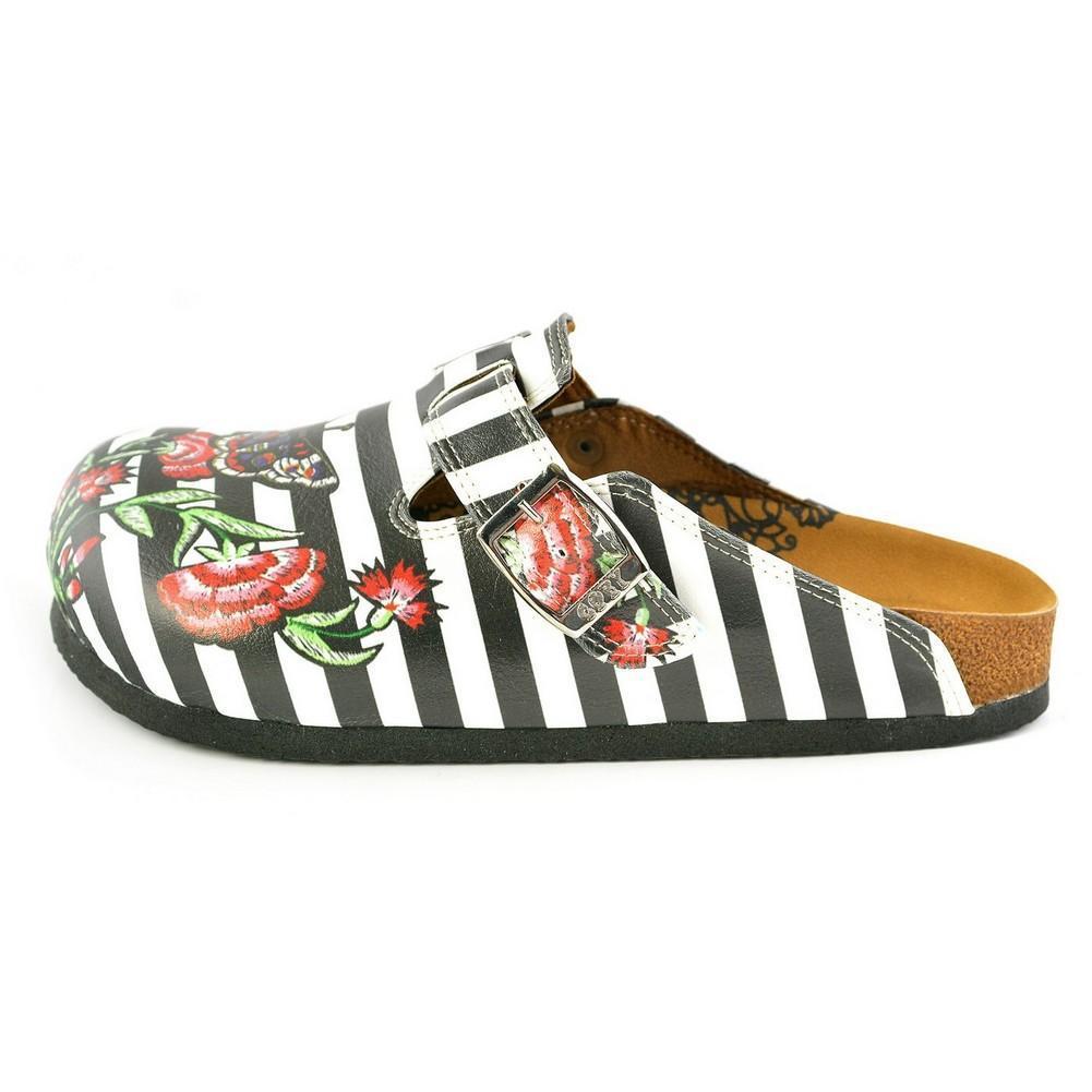 Black and White Straight Striped, Black Butterfly and Red Flowers Patterned Clogs - WCAL363