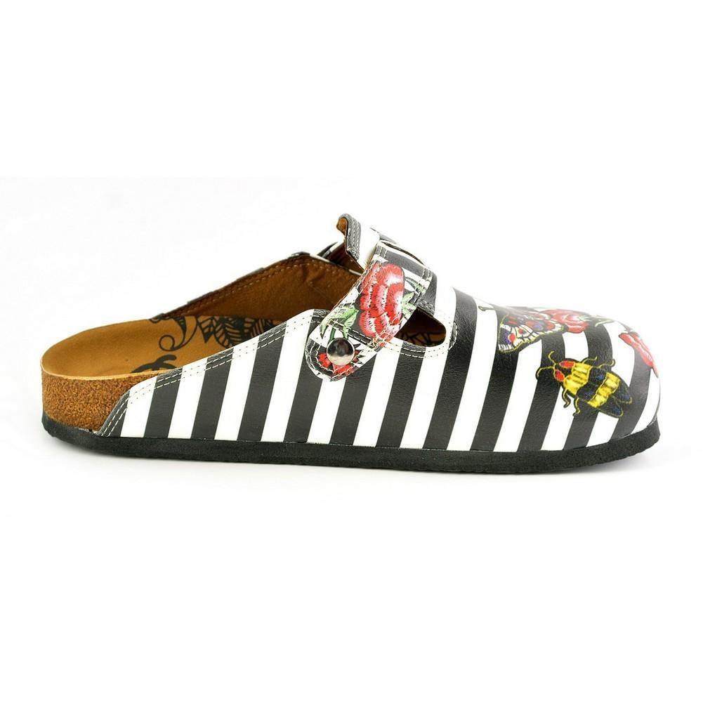 Black and White Straight Striped, Black Butterfly and Red Flowers Patterned Clogs - WCAL363