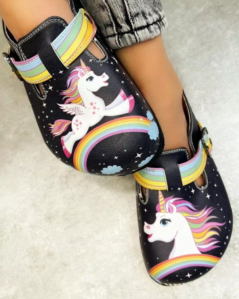 Black Colored and Rainbow, Running Unicorn Patterned Clogs - WCAL364