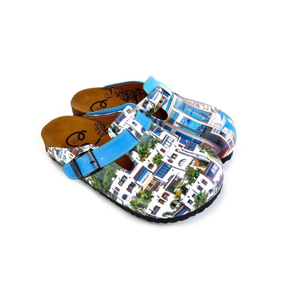 Blue and White Colored, Home Patterned Clogs - WCAL367