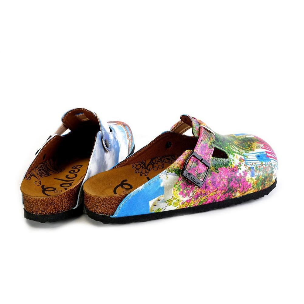 Green and Pink Colored and Flowered, Welcome Bodrum Written Patterned Clogs - WCAL368