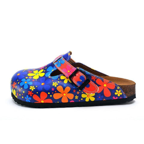 Blue Colored and Colorful Flowers Patterned Clogs - WCAL371