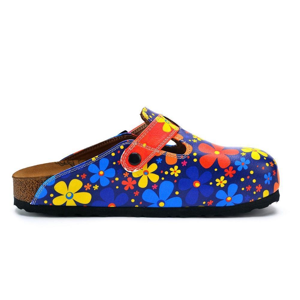 Blue Colored and Colorful Flowers Patterned Clogs - WCAL371