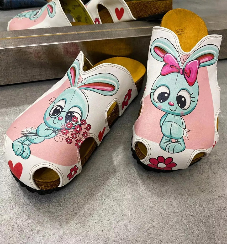 Pink and White Colored Flowers and Grey Cute Bunny Patterned Clogs - WCAL601